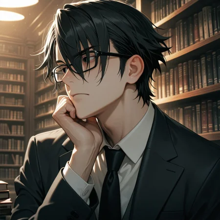 masterpiece, best quality, amazing quality, absurdres, newest, detailed background, definition so sharp, Ultra-HD, 8K cinematic, very awa, impressionate, amazing quality, highres,
solo, male focus, manly,
saruhikofushimi, saruhiko_black hair, saruhiko_black eyes, 1boy, short hair, glasses, looking at something off-screen, intrigued expression, hand on chin, suit, dim lighting, library, books, serious, intelligent, cool, charming