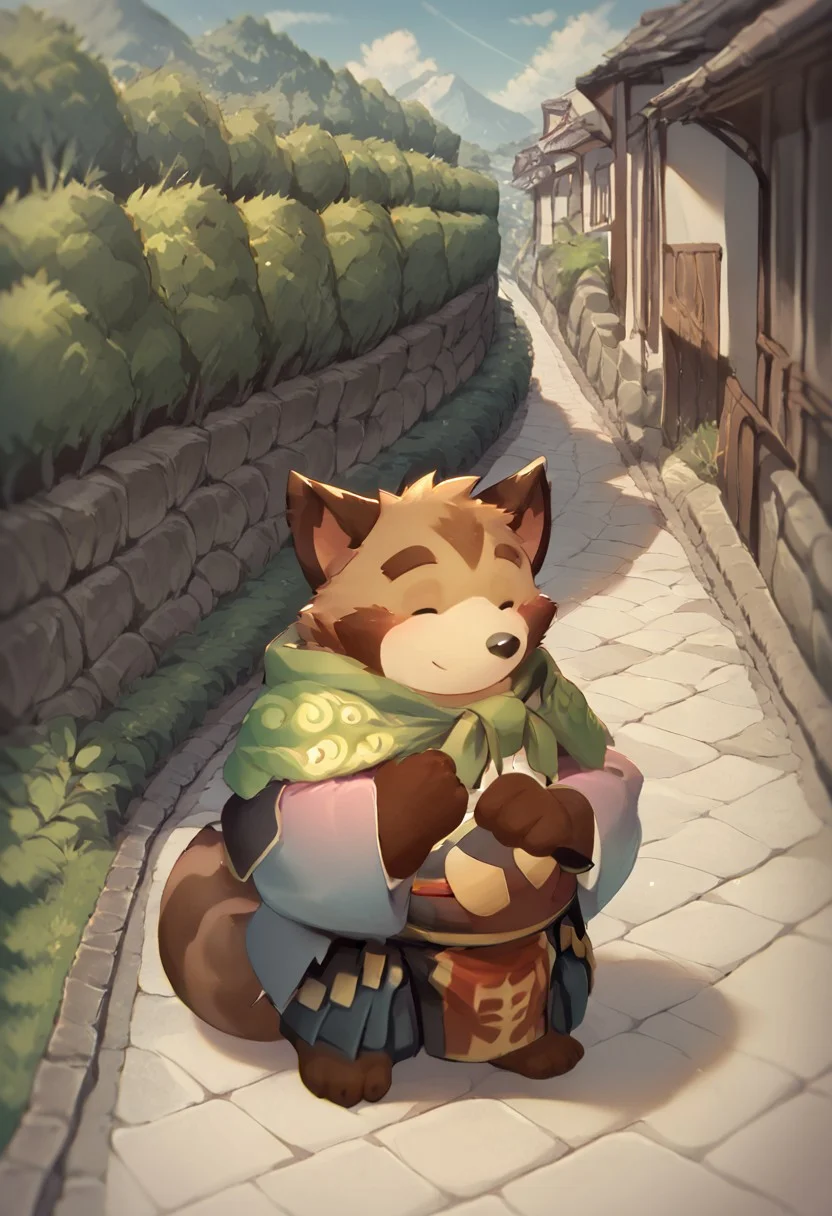 score_9,score_7_up,score_8_up,solo,chibi,1boy,furry,furry male,male focus, onomichi passage, scenery, road, outdoor, slope, smile, face view, aoba (kemo coliseum)