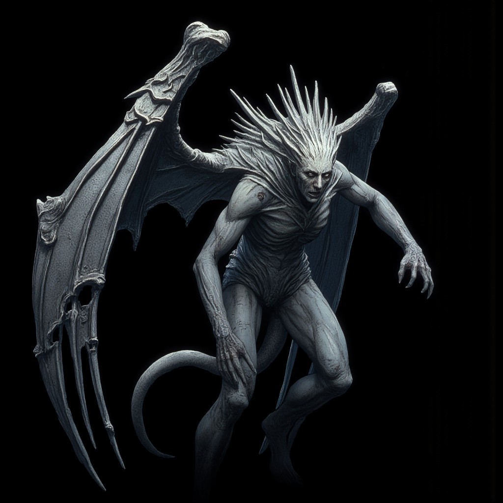 A surreal stone gargoyle with a human face, tattered stone carved wings, design, spiked hair, displaced and morphed facial features
Set against a solid dark black color background to emphasize its unsettling unnatural form that emphasizes its silhouette. The medium is not a traditional painting or illustrative medium like watercolor or ink but rather a digital 3D rendering.
MikeFranchinastyle, d4artstyle, d4concept, , bbstyle,, horror theme,, zbrush, ZBClay model of a gray sculpture, 1990's, 1990's style