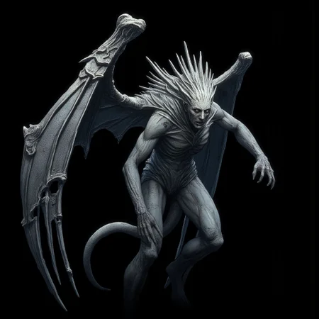 A surreal stone gargoyle with a human face, tattered stone carved wings, design, spiked hair, displaced and morphed facial features
Set against a solid dark black color background to emphasize its unsettling unnatural form that emphasizes its silhouette. The medium is not a traditional painting or illustrative medium like watercolor or ink but rather a digital 3D rendering.
MikeFranchinastyle, d4artstyle, d4concept, , bbstyle,, horror theme,, zbrush, ZBClay model of a gray sculpture, 1990's, 1990's style