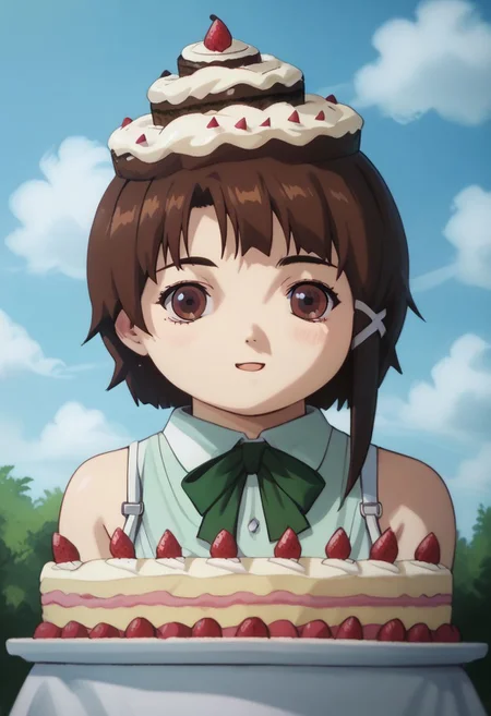score_9, score_8_up, score_7_up, score_6, source_anime, lain, brown hair, ((light green camisole, green bowtie)), table, tartan tablecloth, ((bulimic, hungry, excited, swooning)), (((big giant fat wedding-cake, giant huge cake, enormous layered cake, tall cake))), cute, (chubby, chibi), close view, clouds sky background, outdoors, airborne