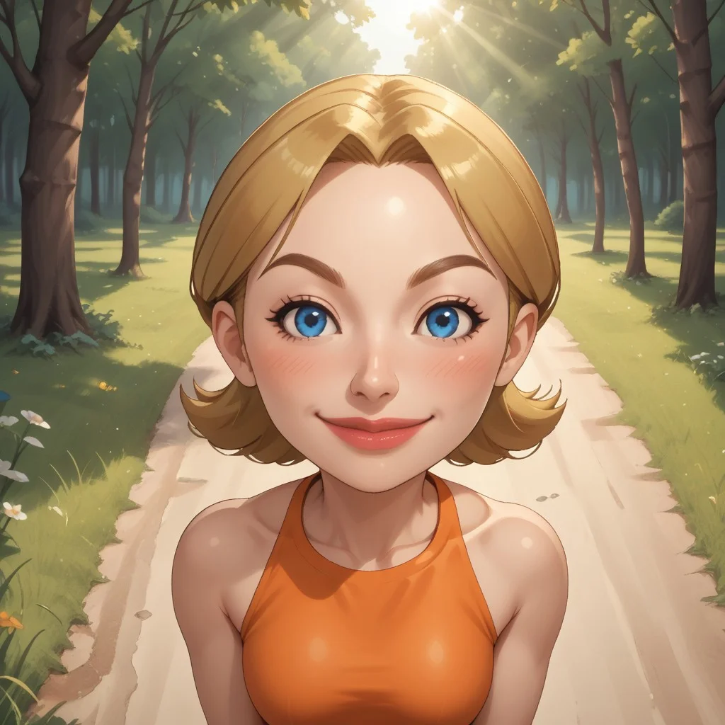 score_9, score_8, BREAK, solo, mii, wii, wii sports, female mii, 1girl, cute, blonde hair, dark blonde eyebrows, white skin, blue eyes, big lips, blush, orange clothing, white pants, sneakers, Julie_(\Wii_Sports\), Nintendo Mii, modern_mii, classic_mii, breasts, sexy pose, self portrait, smile, outdoors, sunlight, shadows, evening lighting, natural lighting, forest, trees, grass, orange sky, sunset