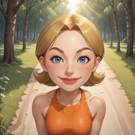 score_9, score_8, BREAK, solo, mii, wii, wii sports, female mii, 1girl, cute, blonde hair, dark blonde eyebrows, white skin, blue eyes, big lips, blush, orange clothing, white pants, sneakers, Julie_(\Wii_Sports\), Nintendo Mii, modern_mii, classic_mii, breasts, sexy pose, self portrait, smile, outdoors, sunlight, shadows, evening lighting, natural lighting, forest, trees, grass, orange sky, sunset