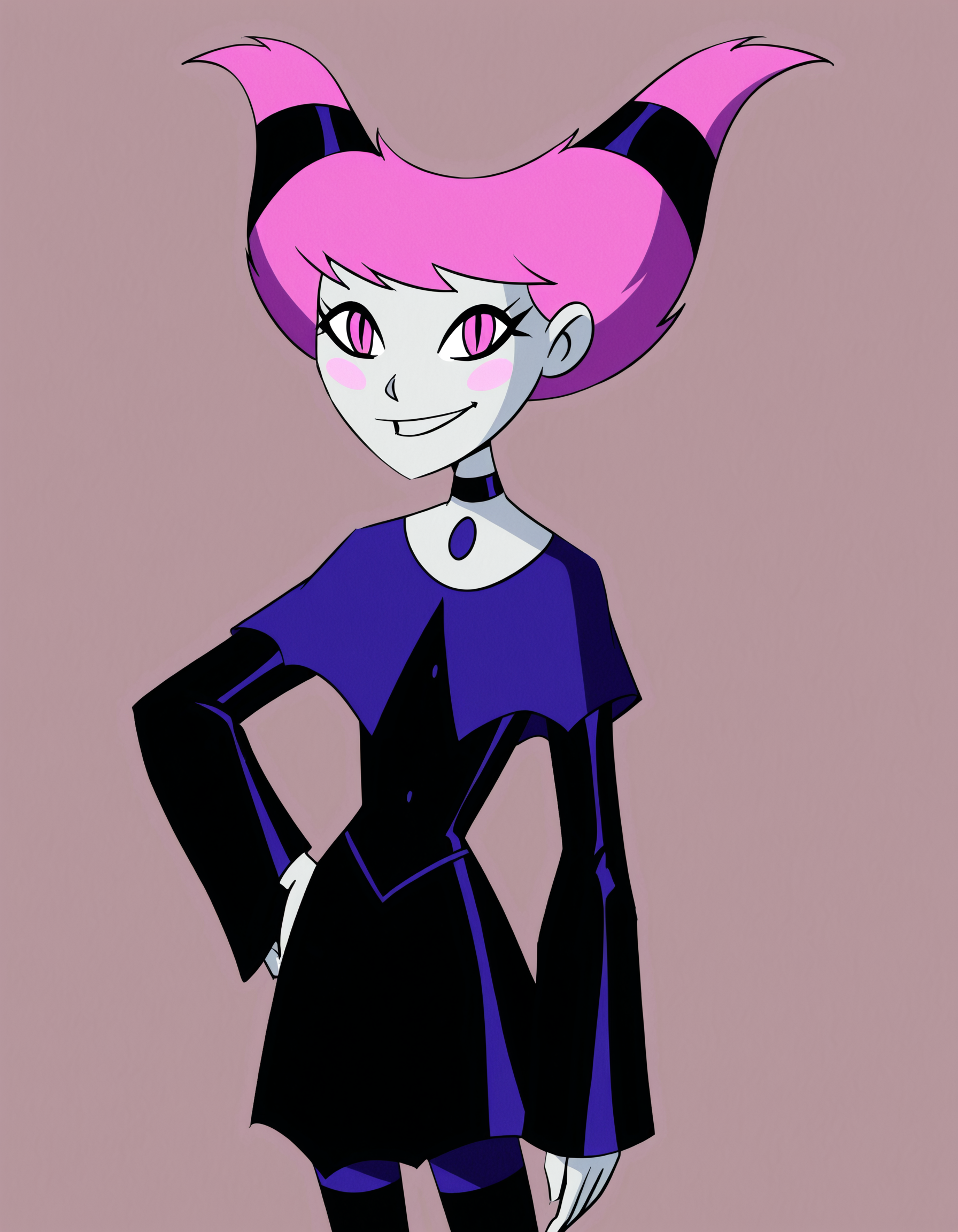 <lora:JinxIllustrious2.0JLFO:1> jinxtt, 1girl, pink hair, capelet, grey skin, hair ties, long sleeves, choker, solo, pink eyes, slit pupils, blush stickers, black dress, chest jewel, smile, striped pantyhose, looking at viewer, hand on own hip, cowboy shot,simple background,