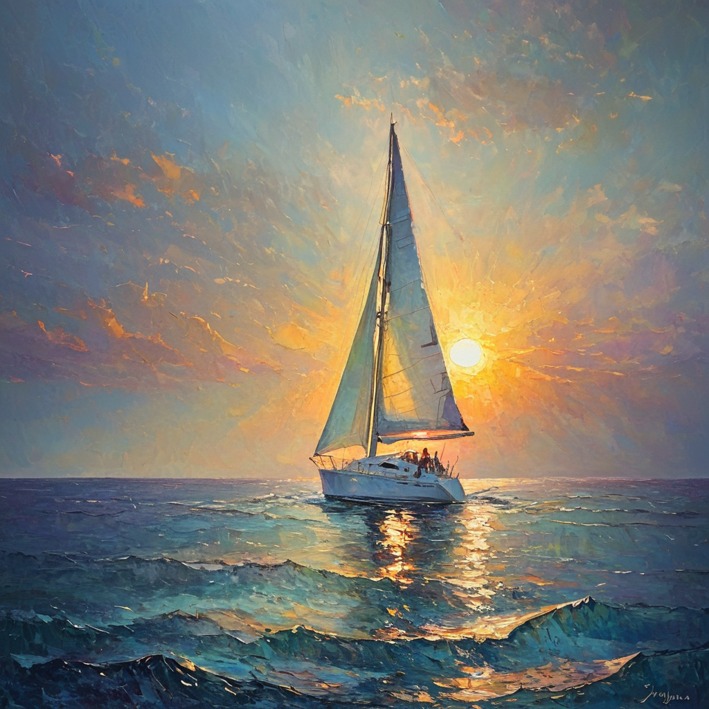 <lora:Luminescent_impastoSDXL:1> Luminescent Impasto, The image shows a sailboat in the ocean at sunset with the sun setting in the background and the sky painted in a beautiful array of colors. The boat is surrounded by the calm waters of the ocean and the sun is casting a warm glow over the scene., no humans, watercraft, cloud, sky, scenery, ocean, sun, sunset, ship, outdoors