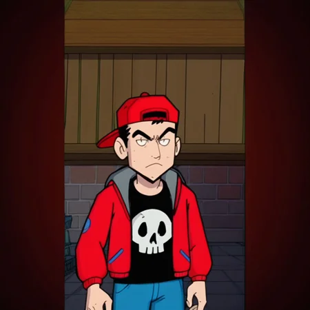 1boy, solo, black hair, black eyebrows, red cap, circle shaped eyes, white eyes without pupils, red jacket, open jacket, black bottom shirt, blue pants, serious face,