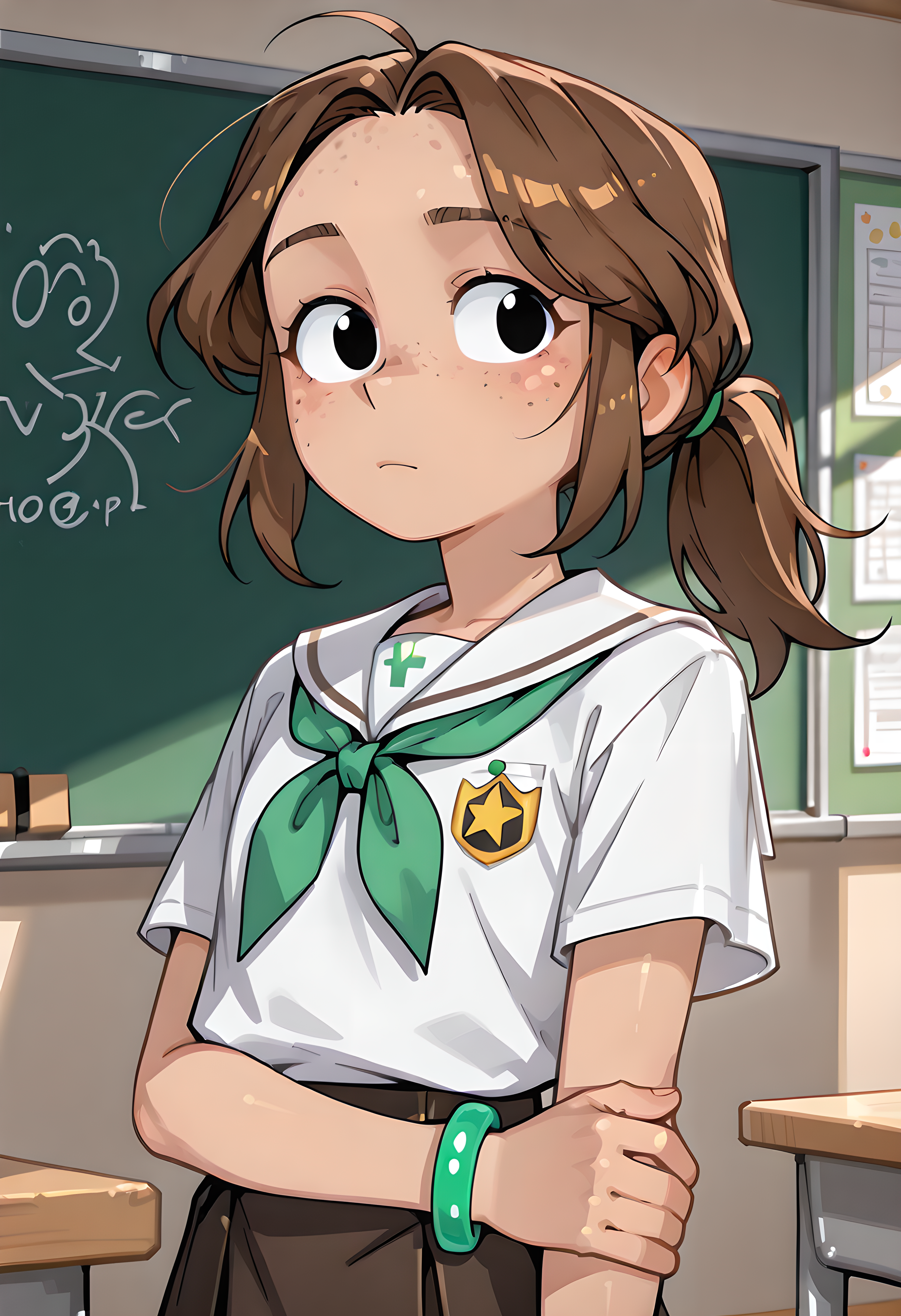 ,,a cute cartoon woman ,, solo, brown hair, ,ponytail,charlotte,black eyes,<lora:Charlotte_emily_ill:1>,green shiny bracelet on left arm,flat chest,green clip,,,,cinematic lighting, dark, high resolution, 2k resolution:1.0, 1girl ,school uniform,short skirt,,classroom,detailed background , school uniform,short skirt,very young girl,, (portrai shot, upper body)