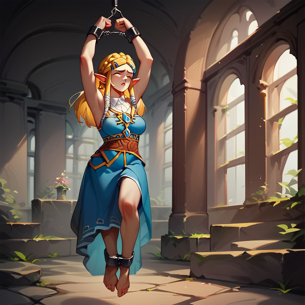 source_anime, colorful, score_9, score_8_up, score_8, (masterpiece), hanging_suspension, BREAK, 1girl, Princess Zelda, blue dress, breasts covered, lace bra, 1woman, bondage, bdsm, suspension, standing, arms_up, cuffs, bound_wrists, upright_restraints, tiptoes, feet_dangling