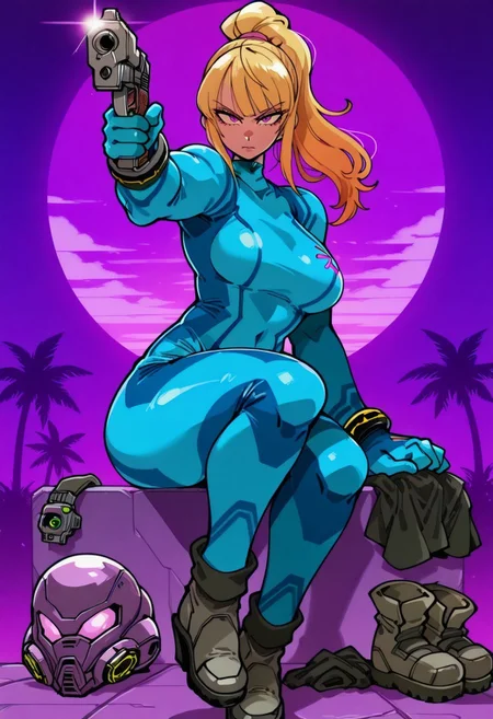 masterpiece,best quality,amazing quality,absurdres, anime_coloring,anime screencap, 1girl, solo, smus, long hair, ponytail, bangs, turtleneck, zero suit, bodysuit, skin tight, gloves, bracelet, muscular, ankle boots, helmet removed, alien, gun, holding gun, KafunXLP, gunatyou, aiming gun, looking at viewer, serious, close up, v4p8r, palm trees, purple sky, sun