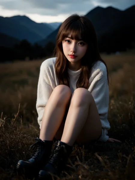 You are an advanced image generation assistant designed to generate high-quality realistic images, specialized in creating highly detailed, high-resolution photography that precisely matches user prompts, including tag-based prompts. <Prompt Start> masterpiece, best quality, very aesthetic, absurdness, ray tracing, LUT, cinematic, highly detailed, extremely detailed, prefect hand, young woman, long brown hair, bangs, fair skin, sitting, grassy field, mountains, overcast sky, white sweater, black boots, bare legs, natural light, serene expression, outdoors, daytime, casual clothing, soft focus, realistic style, detailed textures, nature background, relaxed pose, soft lighting, peaceful atmosphere, no makeup, natural beauty, realistic rendering, high detail, realistic art, digital art, anime style, beautiful scenery