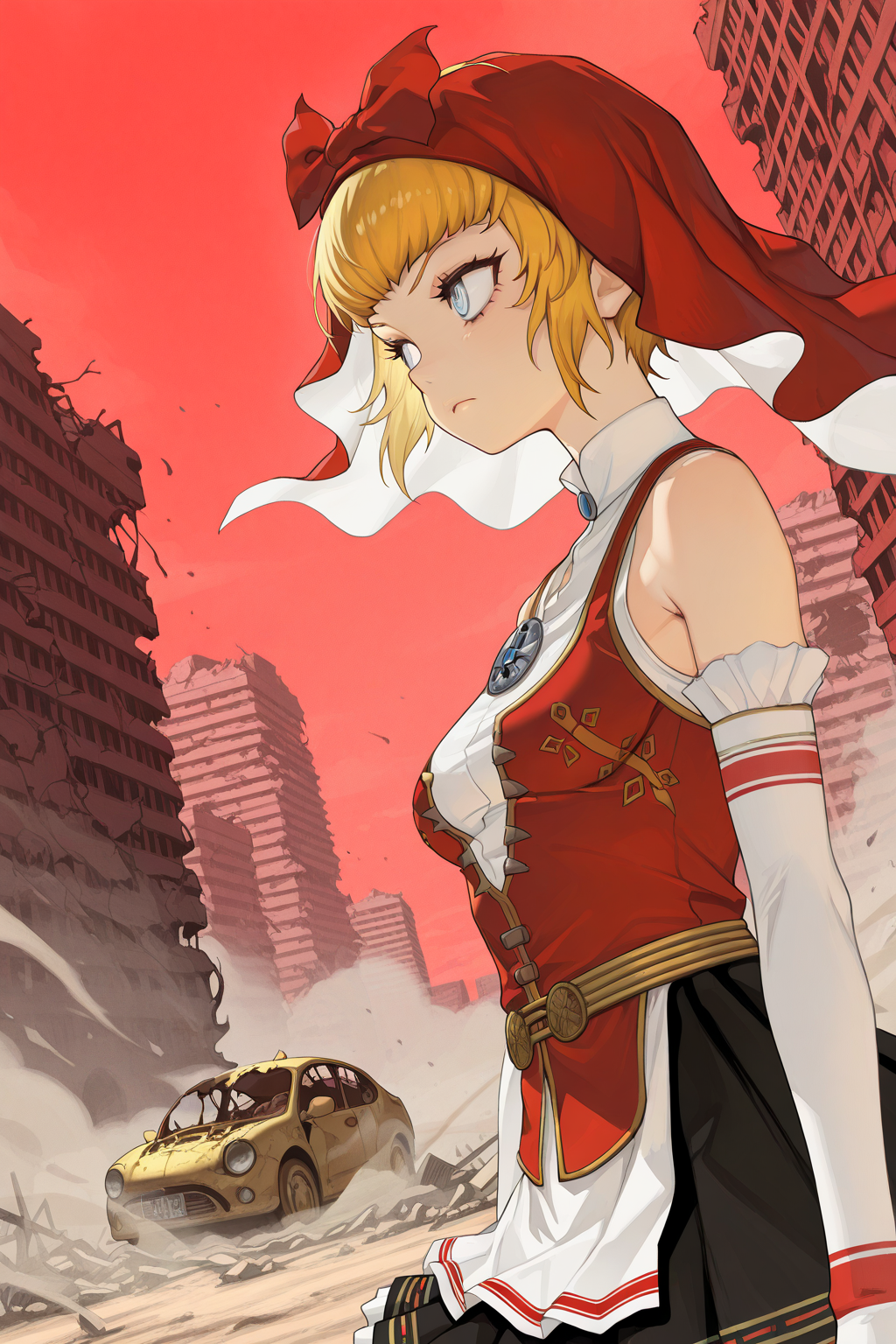 1girl,
IdunnShinMegamiTensei,
general, solo, perspective, dutch angle, from side, upper body,
short hair, blonde hair, detailed eyes,
red hood, elbow gloves, 
skirt, 
looking away, serious,
tokyo, red sky, ruins, building, wind, dust,
<lora:kp_IdunnShinMegamiTenseiIllustrious_v1_0:1.0>,
masterpiece, best quality, amazing quality