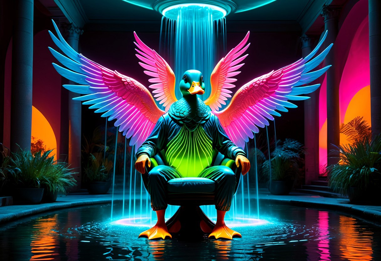 Bioluminescent duck, (masterpiece, best quality, high quality, highres, ultra-detailed),  Surrealism, 8k, film photography, soft lighting, heavy shadow, (((neon color style))),  <lora:add-detail-xl:1>, upclose, Intricate. By Jean Baptiste Monge, (((neon))), (Ombre color scheme of neon orange, neon pink, neon blue, neon yellow, neon green), vibrant colors, psychedelic, full body, on chair, fountain background with turtles, pink wings, rainbow lamps, DuckiferXL