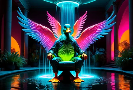 Bioluminescent duck, (masterpiece, best quality, high quality, highres, ultra-detailed), Surrealism, 8k, film photography, soft lighting, heavy shadow, (((neon color style))), <lora:add-detail-xl:1>, upclose, Intricate. By Jean Baptiste Monge, (((neon))), (Ombre color scheme of neon orange, neon pink, neon blue, neon yellow, neon green), vibrant colors, psychedelic, full body, on chair, fountain background with turtles, pink wings, rainbow lamps, DuckiferXL