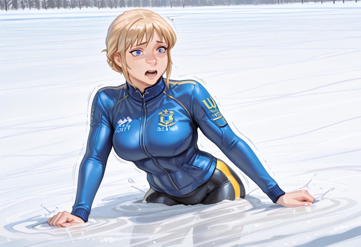 score_9, score_8_up, score_7_up, 1girl, solo, attractive woman, cinematic, Swedish woman, figure skater, blue uniform, skintight jacket, athletic woman, hip-deep in icy quicksand, struggling, dynamic pose, scared, ice rink background