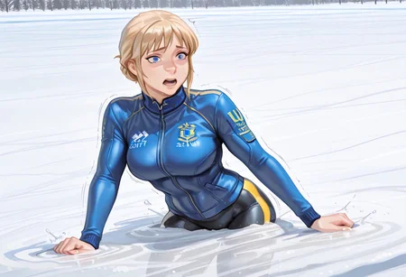 score_9, score_8_up, score_7_up, 1girl, solo, attractive woman, cinematic, Swedish woman, figure skater, blue uniform, skintight jacket, athletic woman, hip-deep in icy quicksand, struggling, dynamic pose, scared, ice rink background