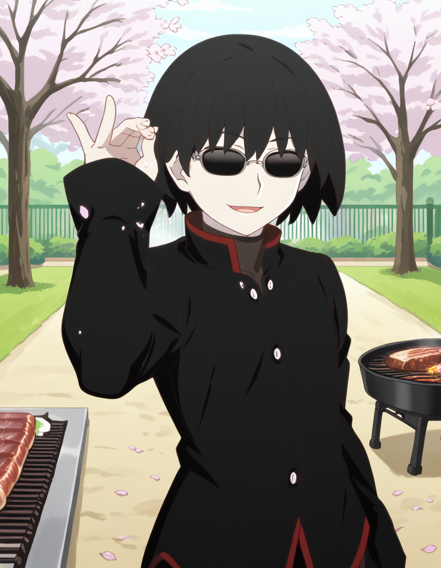 score_9, score_8_up, score_7_up, source_anime, <lora:ougi-oshino-offmonster-ponyxl-lora-nochekaiser:1>, ougi oshino, short hair, bangs, black hair, black eyes, bob cut, empty eyes, white skin, anime screencap, shirt, long sleeves, school uniform, jacket, black jacket, sleeves past wrists, buttons, turtleneck, sleeves past fingers, gakuran, naoetsu high school uniform,, park, cherry blossoms, bench, gentle breeze, peaceful, running, open mouth, smile, <lora:salt-bae-ponyxl-lora-nochekaiser:1> salt bae, salt bae (meme), salt, springkling, meme, cooking, steak, sunglasses, mean, grilling, grill, frying pan, food, hand up,, looking at viewer, solo,, dutch angle, cowboy shot