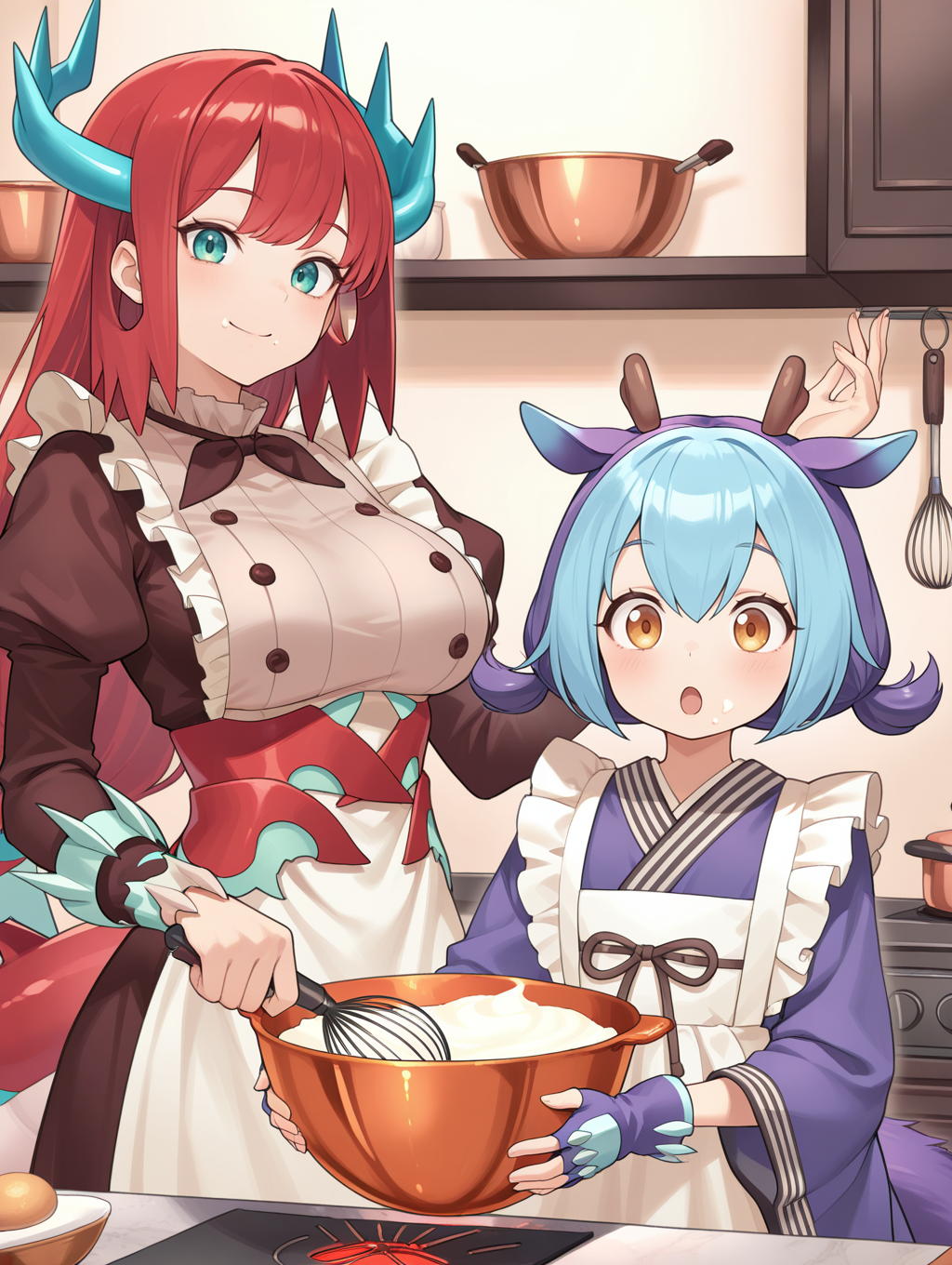 2girls,kitchen dragonmaid,kitchen,knife,holding knife,whisk,large breasts,brown maid clothes,smile,looking at viewer,laundry dragonmaid,holding whisk,sketch,blue fingerless gloves,blue maid outfit,holding bowl,cooking,bowl,cream on face,:o,
masterpiece,best quality,amazing quality,very aesthetic,absurdres,newest,<lora:kitchen dragonmaid illuXL v1.1:0.72>,