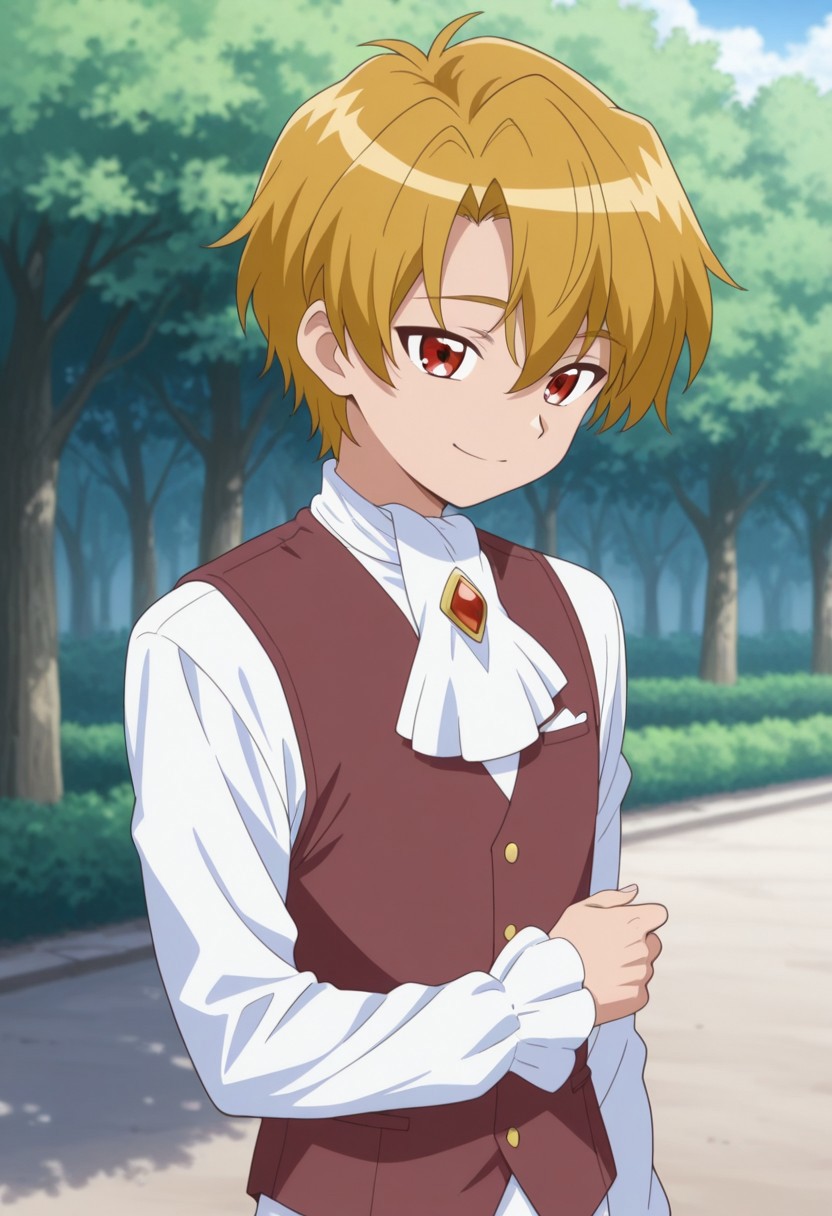 masterpiece,best quality,amazing quality, source_anime, 
Buraito, 1boy, male focus, solo, red eyes, blonde hair, school uniform, shirt, white shirt, long sleeves, ascot, white ascot, brooch, vest, brown vest, smile,
outdoor,