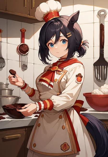 score_9, score_8_up, source_anime, 1girl, solo, EishinChocolatier, animal ears, tail, medium hair, chef hat, tilted headwear, hair ornament, hairclip, red ascot, white uniform, long sleeves, chef, wrist cuffs, white thighhighs, indoors, kitchen, holding bowl, chocolate, <lora:ChamEishinFlashPonyXL:1>
