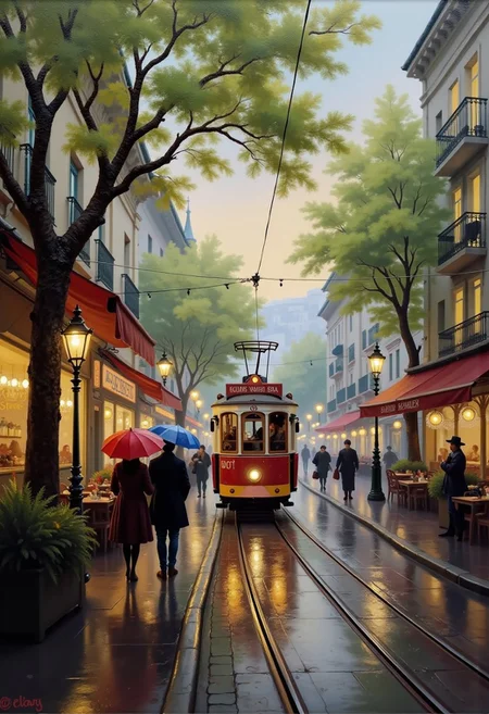 masterpiece, best quality, A delightful impressionist oil painting in early 20th-century style, capturing a cheerful spring evening view from a cozy café window. The scene shows a charming European-style street bathed in the golden glow of sunset after a light rain. A vintage tram with warm yellow lights glides along glistening wet cobblestones, surrounded by playful reflections of streetlamps and shop signs. Lush greenery of chestnut trees with fresh spring leaves frames the composition, their foliage rendered in loose, vibrant brushstrokes. Passersby with colorful umbrellas add spots of red and blue to the scene. The palette combines soft spring greens, lilac twilight hues, and buttery yellows from artificial lights, with the rain depicted as delicate diagonal strokes. The overall mood is joyful and nostalgic, radiating the pleasant warmth of a summer-approaching evening. dilpntng, dismllfrt, a dilpntng style oil painting, <lora:Classic-Oils_v30-000029:1>