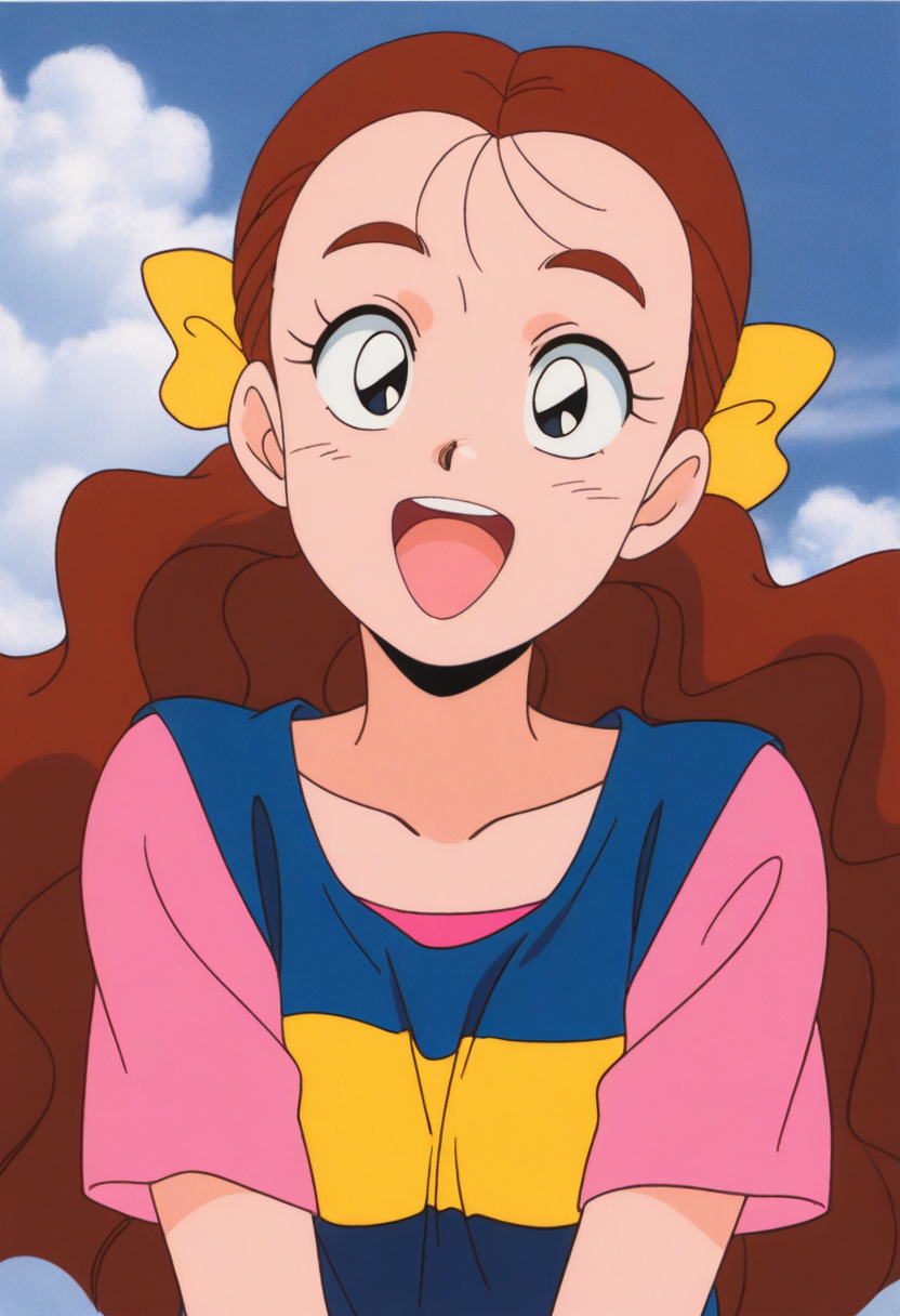 masterpiece, best quality, source_anime,official art,perfect_anatomy,1990s_\(style\),retro_artstyle,1girl,solo,Kirara Haruno,brown_hair,long_hair,yellow_bow,shirt,looking_at_viewer,smile,happy,open mouth,portrait,day,blue_sky,cloud