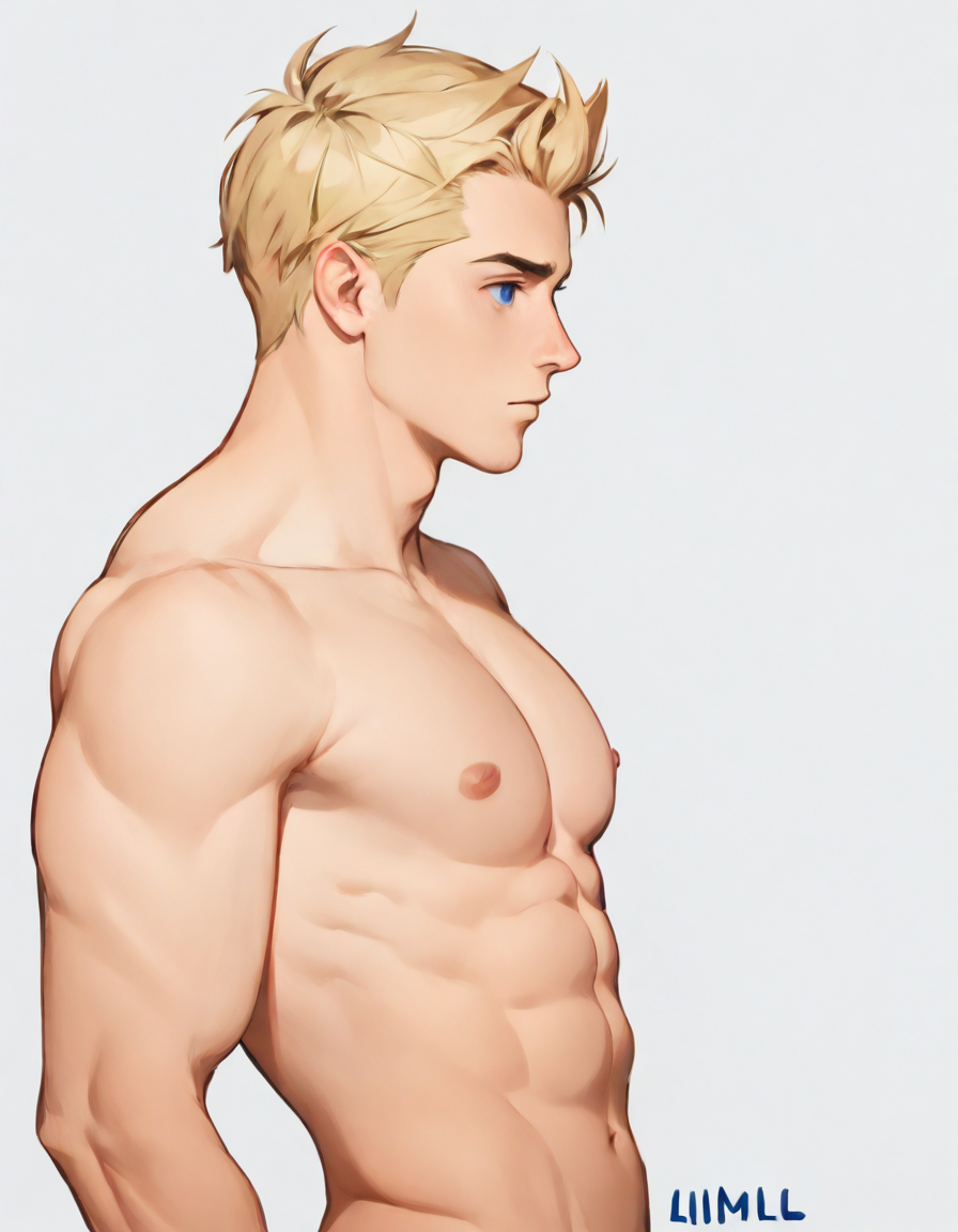 illMaleupBody, solo, short hair, blue eyes, blonde hair, simple background, white background, closed mouth, nipples, upper body, male focus, nude, artist name, from side, muscular, abs, pectorals, muscular male, bara, large pectorals, 1boy
<lora:ILLå¡é2Dç·å­ä¸èº«illMaleupBody:0.8>,