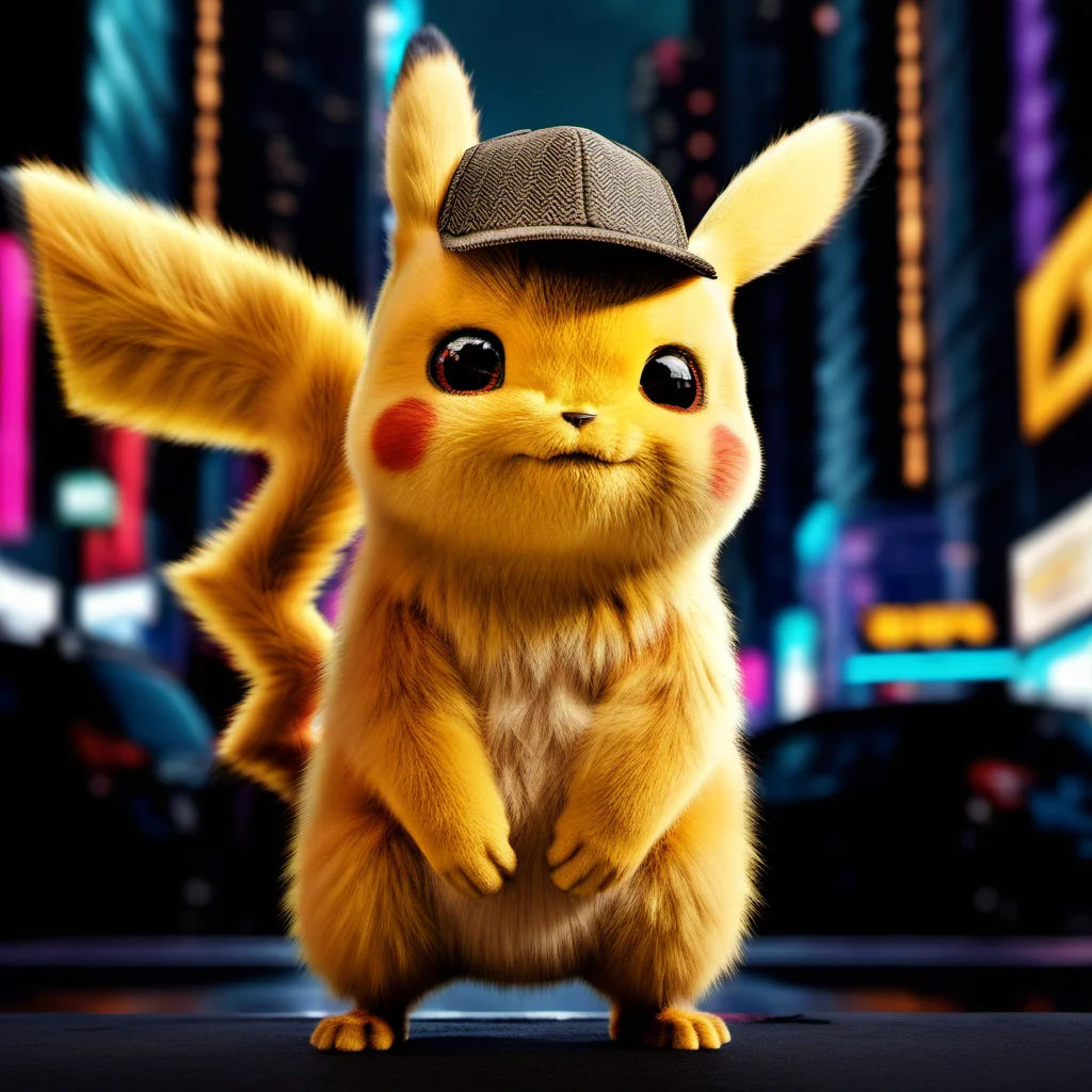 DetectivePikachu1024 wearing a cap, cyberpunk city background, highly detailed , photography, ultra sharp, film, bokeh, professional, 4k, highly detailed   <lora:add-detail-xl:1.5>  <lora:Ulysse31-768:0.7> <lora:DetectivePikachu1024:0.8>