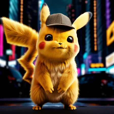 DetectivePikachu1024 wearing a cap, cyberpunk city background, highly detailed , photography, ultra sharp, film, bokeh, professional, 4k, highly detailed   <lora:add-detail-xl:1.5>  <lora:Ulysse31-768:0.7> <lora:DetectivePikachu1024:0.8>