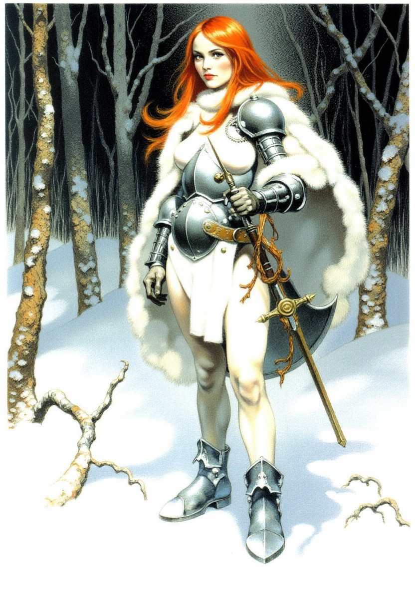 black and white pencil drawing, frazetta sketch,  a young woman with pale skin and bright red hair, wearing heavy steel knight armor, in a snowy dark forest