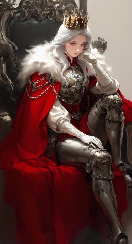 masterpiece, best quality, good quality, very awa, very aesthetic, absurdres, newest, ssink, ink (medium), 1girl, solo, long hair, looking at viewer, long sleeves, gloves, hat, closed mouth, sitting, white hair, grey hair, boots, white gloves, cape, armor, grey eyes, fur trim, expressionless, chair, ring, crown, gem, cloak, knee up, beads, head rest, red cape, armored boots, hand on own knee, greaves, throne, red cloak, pearl \(gemstone\), arm on knee
<lora:illustriousXL_stabilizer_v1.23:0.3> <lora:testink5_1:0.85> <lora:freehandink_V1:0.65>
