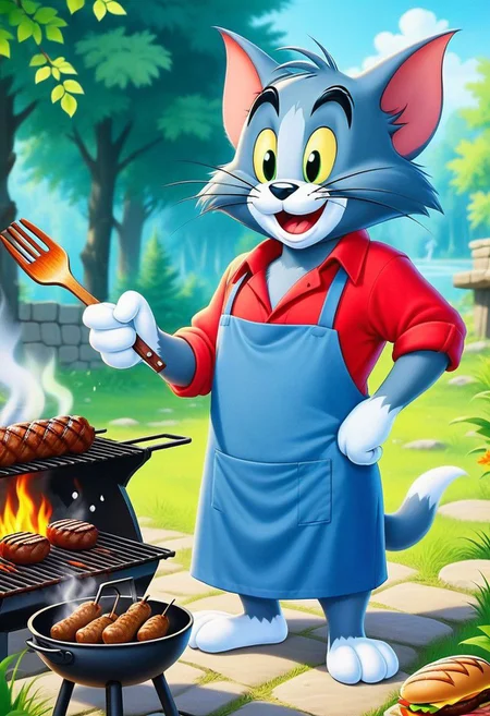 (Tom & jerry),Cartoon (Tom:1.35) cat casual dresses, grilling kebab, dirty shirt, thick red fur, nature