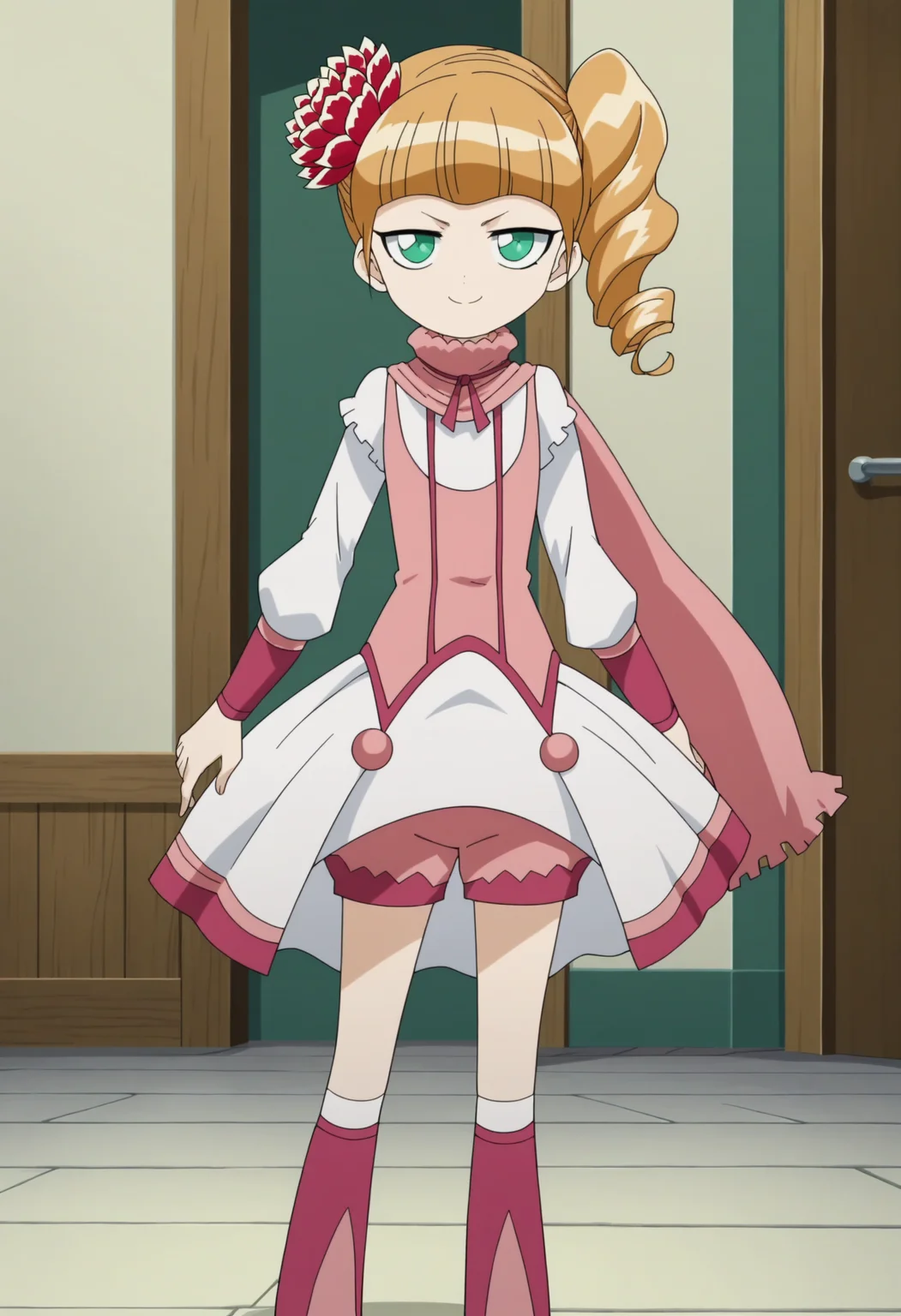 score_9, score_8_up, score_7_up, score_6_up, score_5_up, score_4_up , anime coloring ,BREAK source_anime, anime,screencap,
1girl, solo, ecarlate, hair flower, pink scarf, baseoutfit, pink shorts, dress, pink footwear, <lora:PonyXL Ecarlate DT V1:1>
indoors,
smile, looking at viewer,
