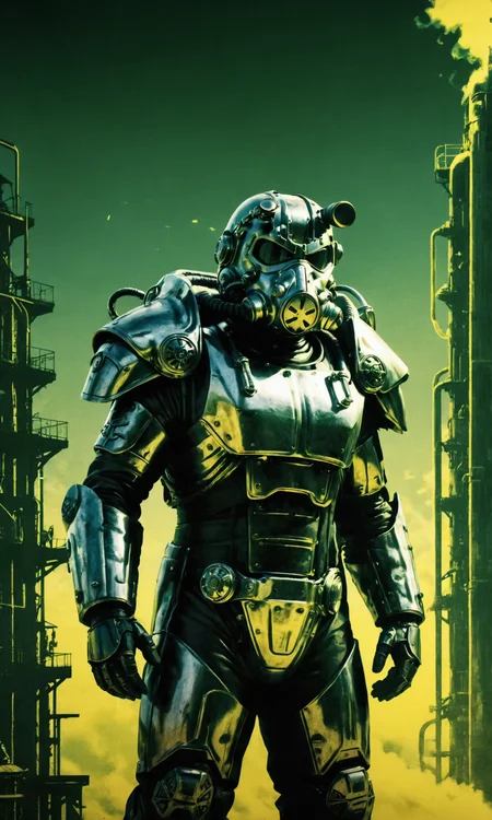 illustration style, parody, high resolution, high contrast, crisp, sharp, UHD, HDR, ((masterpiece, best quality)), absurdres, solo, (screencap), highly detailed, dark scenery, (((portrait))),
<lora:Liquid_Chrome_Style_-_SDXL:0.5> T-60 power armor made out of liquid chrome, post apocalyptic style, intricate, In the style of the Fallout series video games,
<lora:Power Armour v2.0:0.5> T-60 power armor, science fiction, solo, gun, green sky, scenery, gas mask, radiation cloud, mask, cable, standing, holding a gun weapon, 
<lora:- SDXL - sqrhmmr _Square-Hammer_Style_V1.0:1> ((tint, glow, sqrhmmr style, green and yellow)),