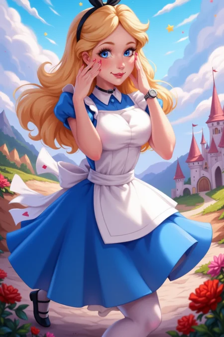 AliceWaifu, hands on own cheeks with cute pose, sky, watch, own hands together, solo focus, saucer, rose, mole under mouth, medium breasts, dress, black footwear, playing card, white pantyhose, hair bow, food, cowboy shot, choker, castle, bridal gauntlets, castle in the back, sky with many clouds