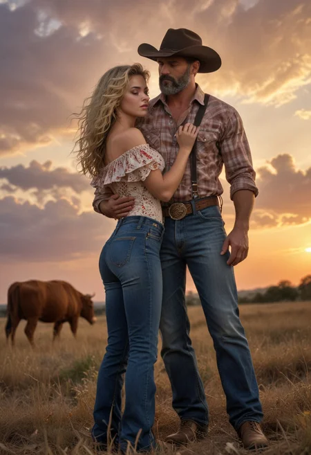 High-quality, photorealistic country-western vivid backlit close-up from side couple's image with perfect hands & perfect anatomy on a scruffy grungy tall-man wearing jeans & a short-woman, clearly displaying their height-difference and size-difference, eyes closed, a rugged-man burly big slightly-graying-bearded lumberjack giant-man masculine swarthy 42yo dark-haired-man handsome-cowboy & an 18yo fresh-faced freckled stunning-blonde-woman with a big-height-difference in an intimate embrace against a sunset backdrop in a rural, pastoral setting. The tall-man is muscular, hairy-chested, wearing a cowboy hat & a long-sleeved-western-shirt with rolled-up sleeves & overalls & bulging-muscles. His massive muscular arms hold the tiny-woman. She is wearing an off-shoulder floral-dress with a short flared knee-length-skirt. The fair-skinned small-busted petite-woman has curly-blonde-hair flowing in breeze, & they look passionately at each other eye-to-eye, her legs locked around his waist. Prairie Texas-longhorn cattle & brilliantly-hued sunset. Romantic, serene. detailxl, freckles, luminous, looking at another, upright straddle, hetero, 
negative_hand, Style-Interact, leg lock, 
Detailed clothing textures. perfect limbs & hands. 1girl, 1 boy, 
natural skin texture & pores. RAW photo, high detailed skin, 8k, dslr, soft lighting, film grain, epic composition, Fujifilm XT3, Canon R5