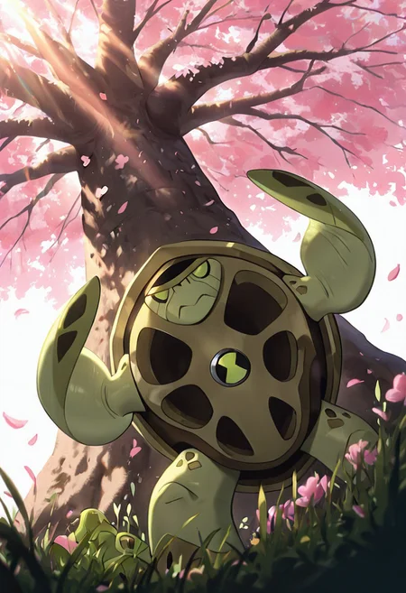masterpiece, best quality, amazing quality, very aesthetic, absurdres, newest,, detailed background, 
terraspin, pokemon (creature), solo, no humans, closed mouth, green eyes, green skin, shell, turtle, small head
under tree, sun rays, from below, grass, foreground blur, falling leaves, pink tree, pink petals cherry blossom,