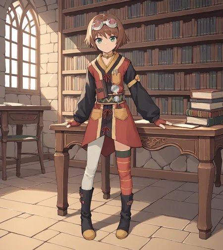 score_9, score_8_up, score_7_up, score_6_up, score_5_up, score_4_up, BREAK source_anime,
1girl, solo, <lora:RitaMordio:0.9>, Rita Mordio, green eyes, brown hair, short hair, flat chest, goggles on head, choker, red dress, black sleeves, fingerless gloves, single leg pantyhose, asymmetric legwear, boots,
inside fantasy library, books, stone walls, table,
looking at viewer, full body,
<lora:mo_(kireinamo):1>,