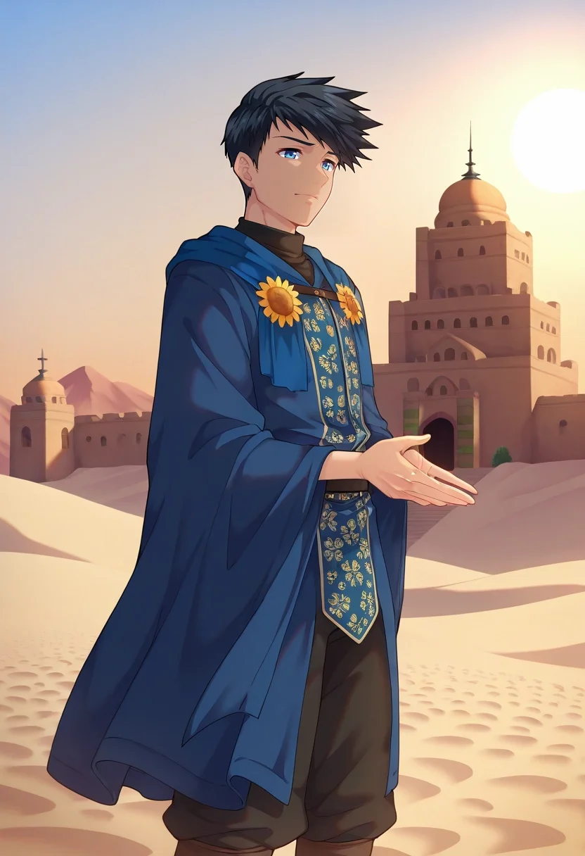masterpiece, best quality, , (realistic:0.6), , , 1boy, solo, male focus, <lora:natsumi_hamasaki_ilxl:0.92>, natsumi_hamasaki, black hair, blue eyes, short hair, , desert palace, sand towers, sun courts, wind gardens, noble pose, regal expression, golden hour, medieval costume