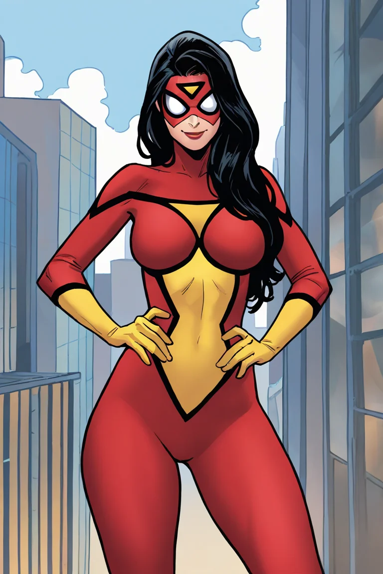 masterpiece, best quality, highres, extremely aesthetic, jessicadrew, 1girl, solo, long hair, black hair, mask, covered eyes, domino mask, lipstick, medium breasts, red bodysuit, multicolored bodysuit, print bodysuit, skin tight, yellow gloves, hands on own hip, looking at viewer, smile, standing, cowboy shot, outdoors, city, building <lora:Spider-Woman (Jessica Drew) v1.0 [LoRA] - NoobAI-XL EPS 1.0:0.8>