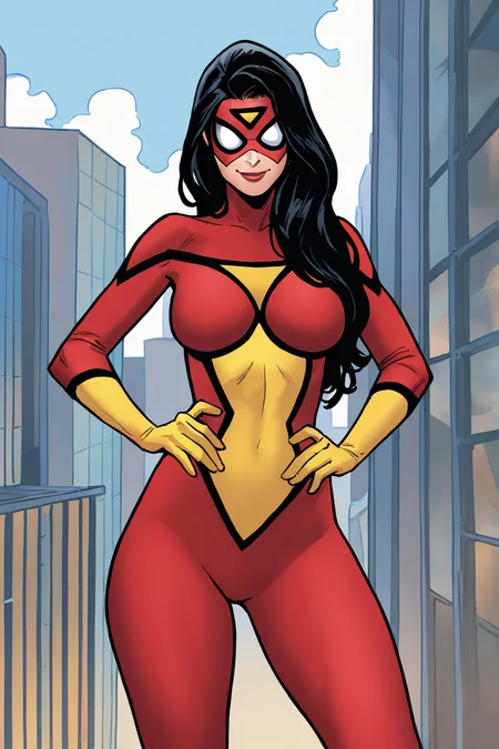 masterpiece, best quality, highres, extremely aesthetic, jessicadrew, 1girl, solo, long hair, black hair, mask, covered eyes, domino mask, lipstick, medium breasts, red bodysuit, multicolored bodysuit, print bodysuit, skin tight, yellow gloves, hands on own hip, looking at viewer, smile, standing, cowboy shot, outdoors, city, building <lora:Spider-Woman (Jessica Drew) v1.0 [LoRA] - NoobAI-XL EPS 1.0:0.8>