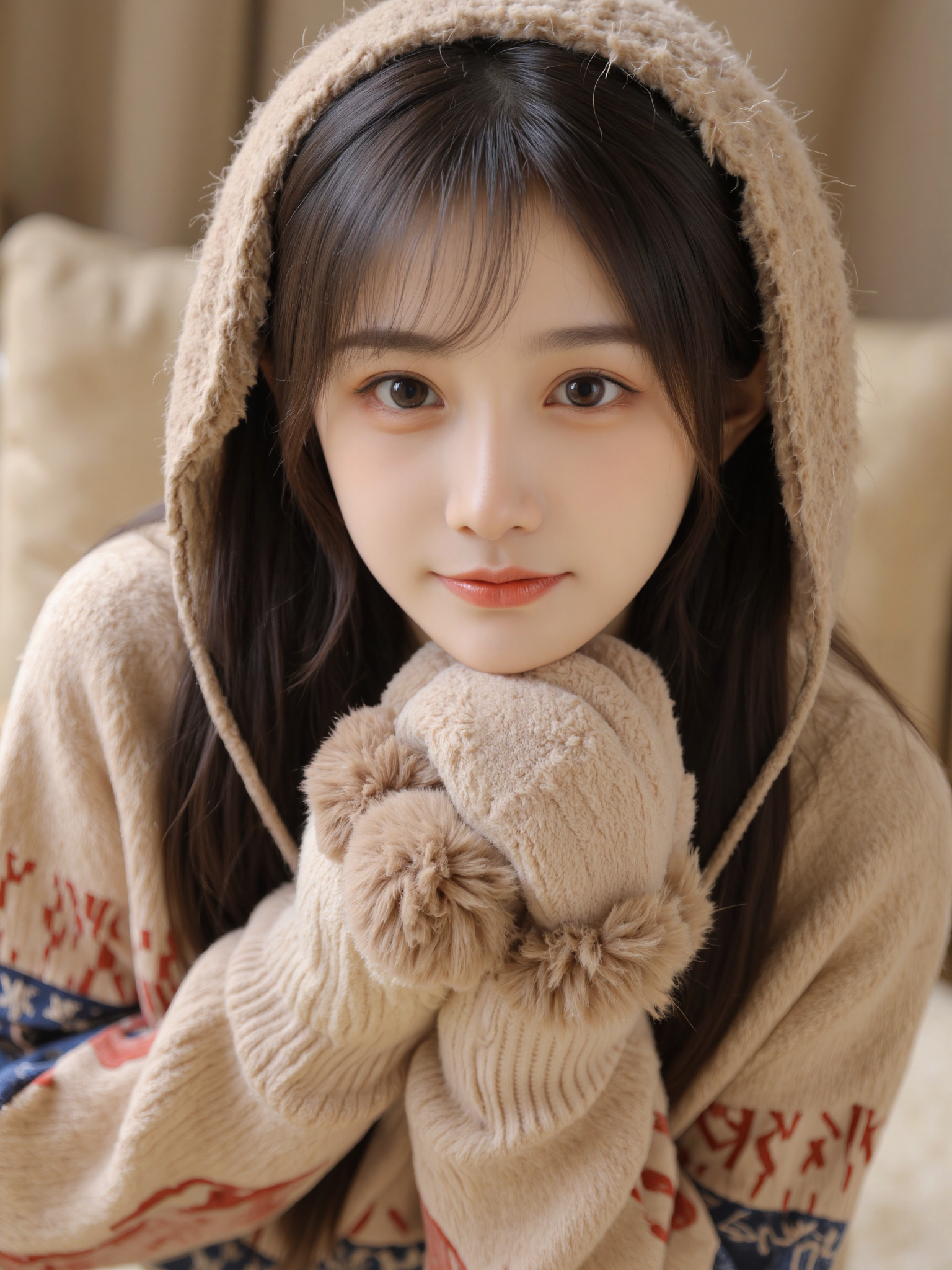 This is a high-resolution photograph featuring a young Asian woman with fair skin and long, straight black hair, which is partially covered by a beige, fuzzy hooded sweater. She is wearing matching beige mittens with brown pom-poms, giving a cozy, winter-themed appearance. Her expression is neutral, with a slight, soft smile. The background is softly blurred, showing a warm, indoor setting with neutral tones. The lighting is soft and natural, coming from the left side, highlighting her face and creating gentle shadows. The composition follows the rule of thirds, with her face positioned in the upper third of the image, drawing attention to her. The camera angle is slightly above eye level, giving a sense of intimacy and closeness. The overall mood is serene and comforting, enhanced by the warm, muted color palette and the cozy winter attire.