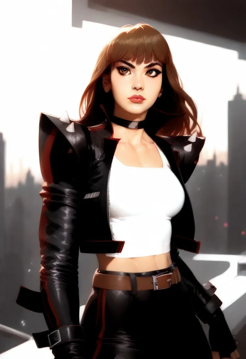 score_9, score_8_up, score_7_up, 1girl, solo, brown hair, brown eyes, long hair, bangs, thick eyelashes, athletic, nail polish, white chest sarashi, choker, leather cropped jacket, belt, leather miniskirt, fingerless gloves, spiked shoulders, near perfection, depth of field, cowboy shot, countershading, masterpiece, detailed and intricate, high-res, BREAK, (cowboy shot), window, rooftop, night, BREAK, Expressiveh, concept art, realistic, raw, photo. flat color, dark theme, sinozick style, 1g0r, kirishimanagixl, looking towards viewer, monochrome, greyscale, slightly colored in red tone.