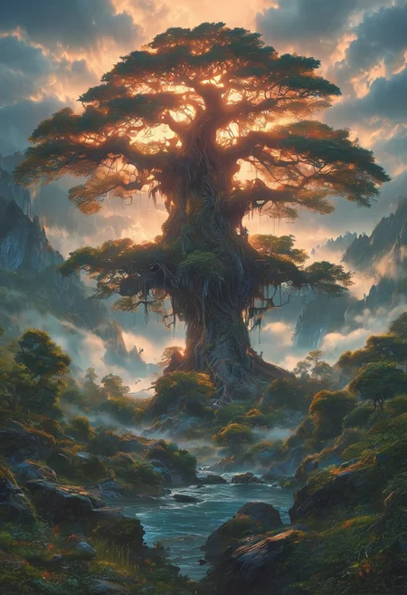 A captivating night scene illustration featuring a large wonderous magical tree overlooking a lake in the Smokey Mountains of Appalachia. The great is ancient but well strong and powerful.  This enchanting artwork captures a serene and peaceful early morning, where the sun is just starting to rise over the beautiful smokey mountains and tree which   stands resolute amidst the forest, creating a cinematic experience., illustration, cinematic
<lora:DonM3t3rn1tyXL-v1.1:0.7>, DonM3t3rn1tyXL,
OverallDetailXL  <lora:MJ52:0.3>  <lora:SDXLFaeTastic2400:0.4>  <lora:EpicF4nta5yXL:0.7>