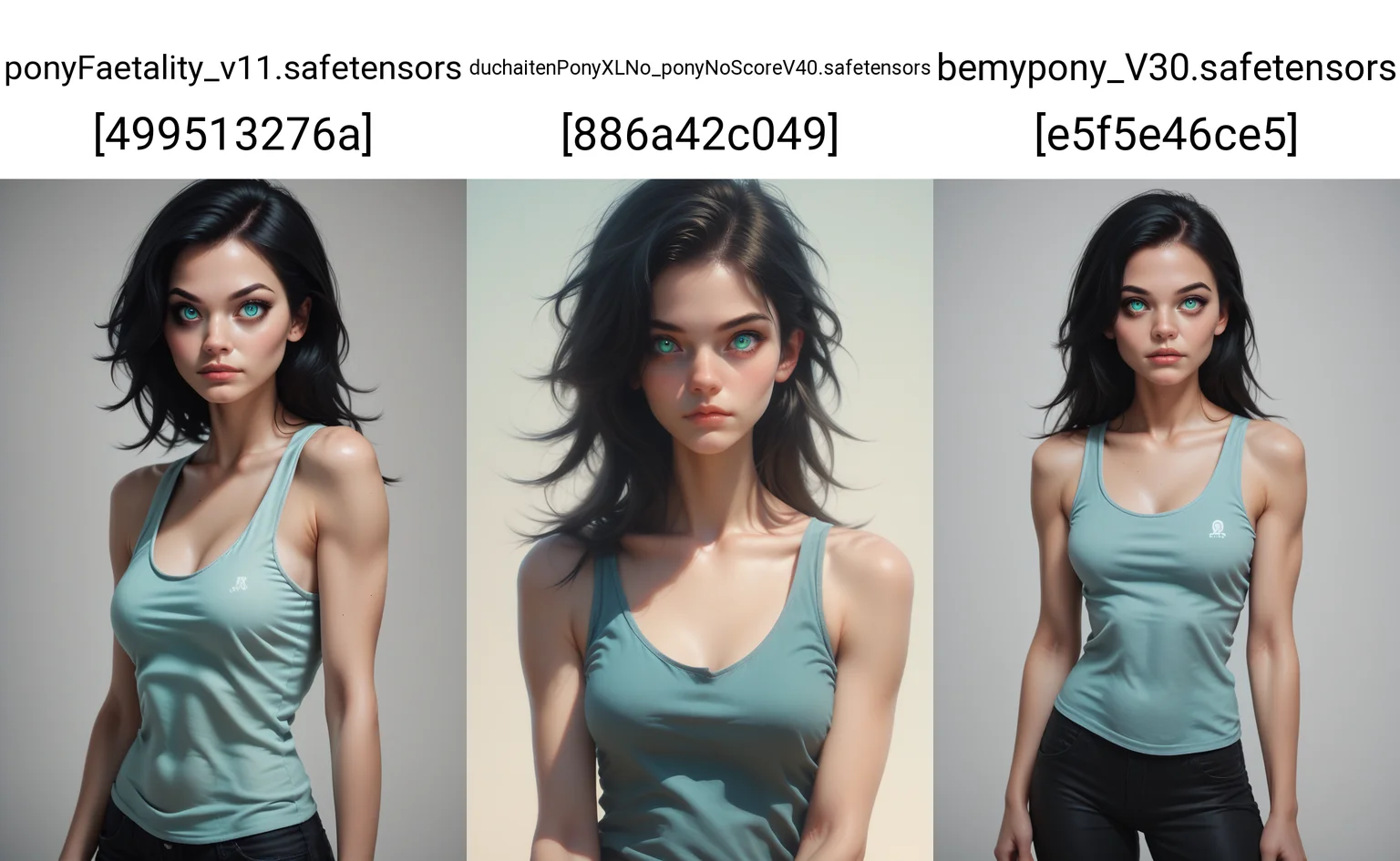 score_9, score_8_up, score_7_up,
1girl, solo, tank top, rating_safe,
<lora:Dark_Svetlana_Pony_v0.1:0.5> d4rksv3tl4n4, aqua eyes, black hair,
