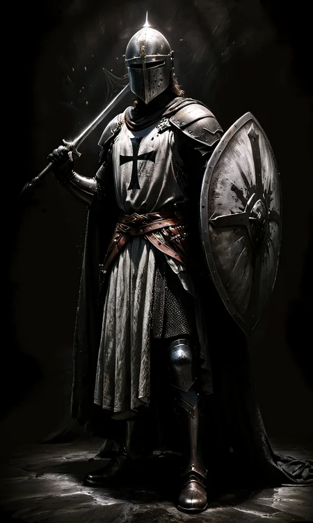 highly detailed, UHD, HDR, ((masterpiece, best quality)), absurdres, solo, (screencap), 
Holy, Religious themes, Christianity, radiant, Dark Fantasy, glowing light eyes,
 <lora:Dark_Knight:0.8> armor, helmet, weapon, solo, sword, full armor, holding weapon, holding, shoulder armor, gauntlets, knight, pauldrons, 1boy, male focus, holding sword, cape, chainmail, standing, holding shield, 
 <lora:- SDXL - vant_blk_contrast_V2.0:0.8> shadows, atmosphere,
 <lora:zavy-cntrst-sdxl:0.8> dark, chiaroscuro, low-key,