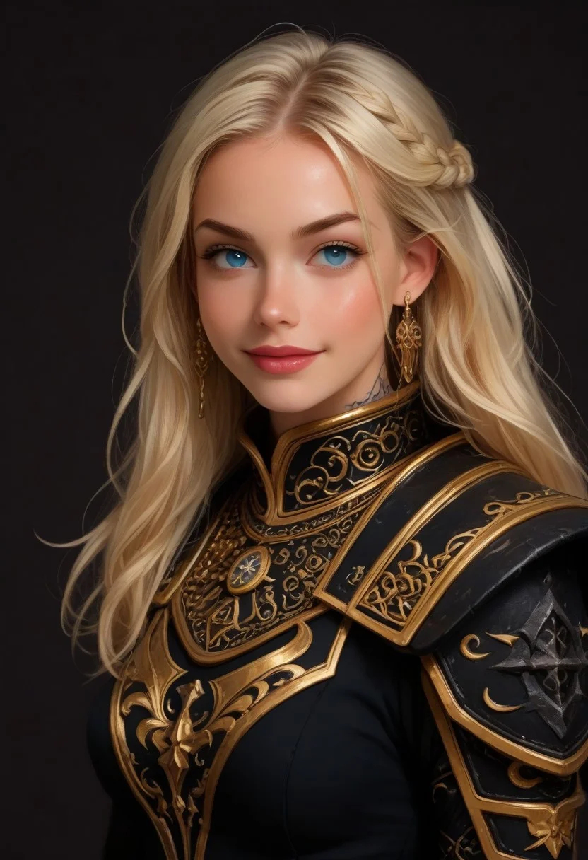 A captivating selfie of an elven princess, a true warrior with a playful spirit, emerges from the shadows of a mystical night. Her golden armor, intricately designed with elven etchings, shimmers under the silver moonlight. With a confident smirk, she gazes directly at the viewer, her blonde hair cascading in elegant elven braids. Her pale skin is adorned with battle paint, enhancing her piercing eyes. She playfully sticks out her tongue and flashes a V sign, exuding a captivating blend of beauty and defiance. The fisheye lens distorts the background, creating an otherworldly atmosphere. This enchanting portrait captures the essence of a fierce and enchanting elven royalty, embracing her mystical allure.