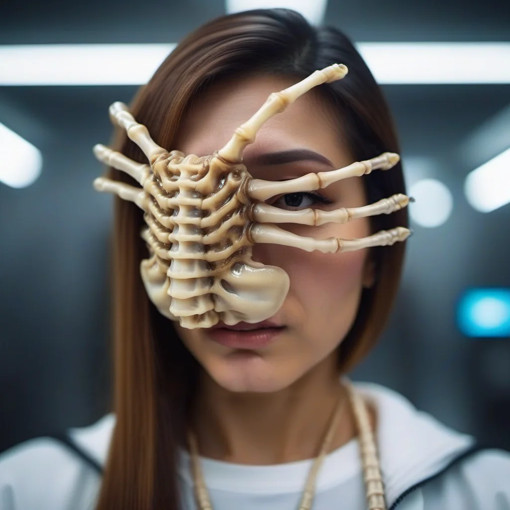 cinematic photo a squid skeleton on a woman face wears a spacesuit, space <lora:Facehugger1024:0.8> . 35mm photograph, film, bokeh, professional, 4k, highly detailed
