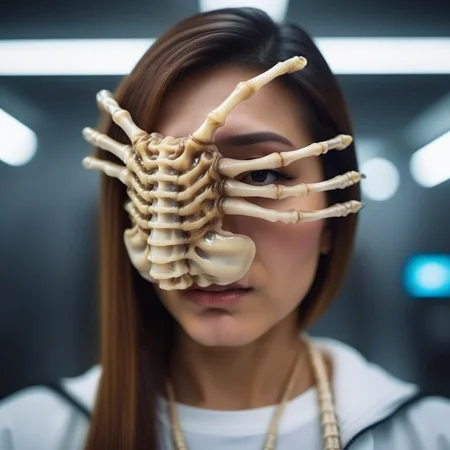cinematic photo a squid skeleton on a woman face wears a spacesuit, space <lora:Facehugger1024:0.8> . 35mm photograph, film, bokeh, professional, 4k, highly detailed