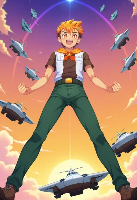 masterpiece, best quality, , anime screencap, anime coloring, official style, looking at viewer, , 1boy, solo, male focus, <lora:hiro_akiba_ilxl:1>, hiro_akiba, orange hair, orange eyes, short hair, multicolored hair, brown hair, , cloud city, floating platforms, rainbow bridges, airships, looking down, vertigo angle, excited expression,