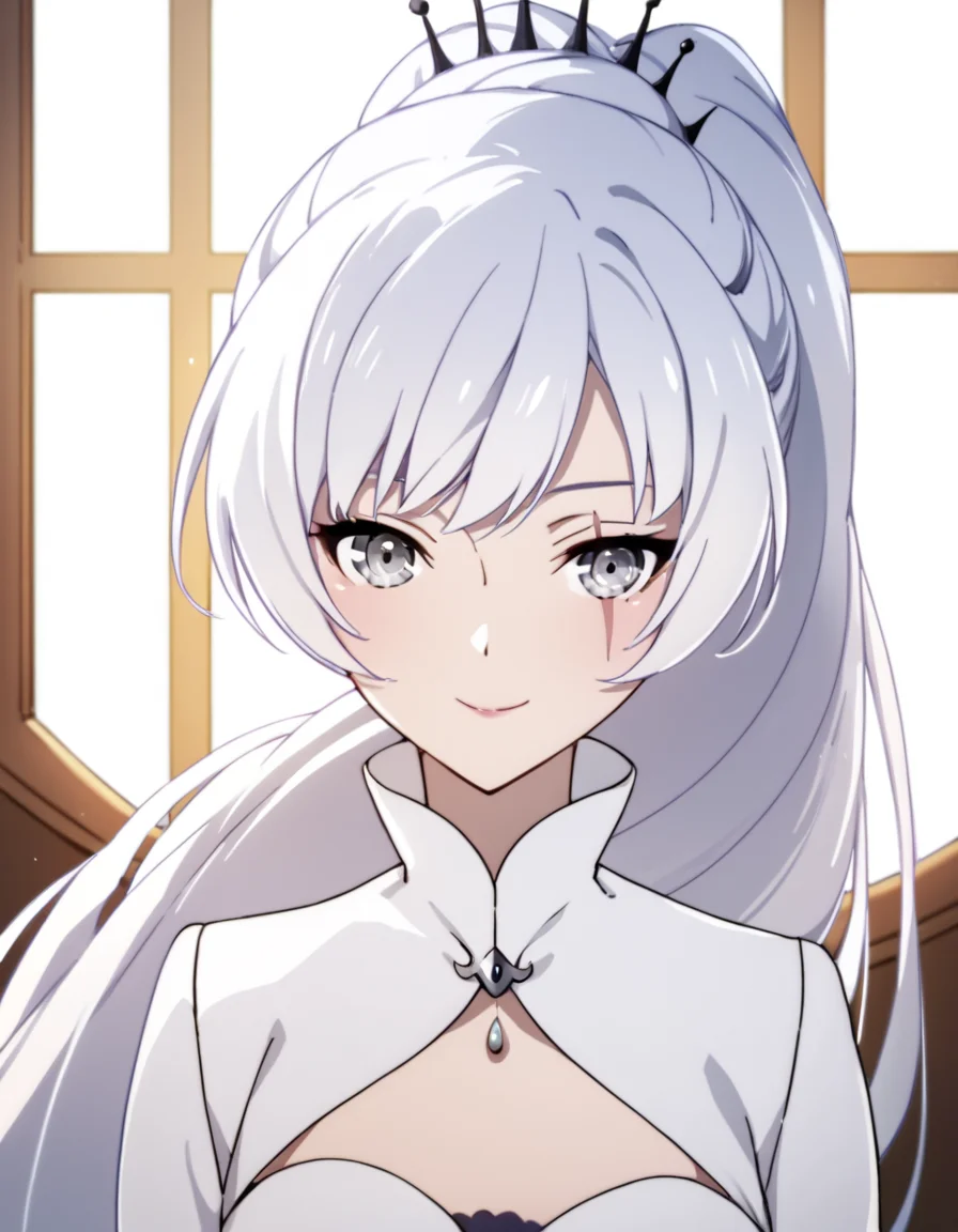 score_9, score_8_up, score_7_up, score_6_up, score_5_up, score_4_up, source_anime, WeissSchnee, long hair, ponytail, white hair, grey eyes, scar across eye, white dress, , soft smile, portrait